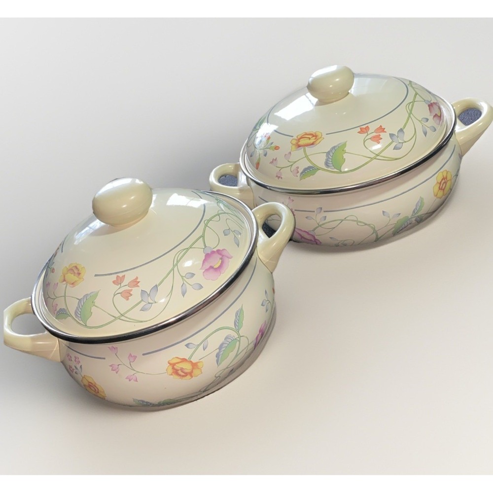 Vintage ASTA German Floral Enamelware Cookware Set With Brass‎ Handles 4 Piece